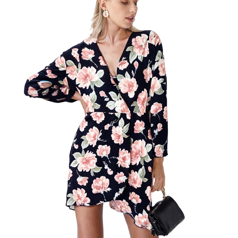 Boohoo Floral Faux Wrap Dress Print Long Sleeve Stretch Fabric Navy Pink Made UK